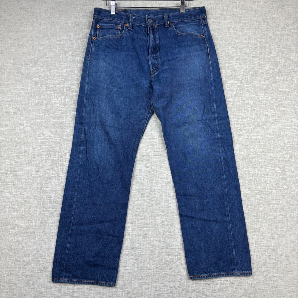 Levis 501 Mens 34x30 Jeans Medium Dark Clean Washed Fade Straight Wide Leg